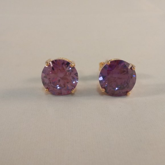 18K Yellow Gold Plated Purple Solitaire Diamond Zircon Stud Earrings 3.87ctw ea. - Picture 2 of 5
